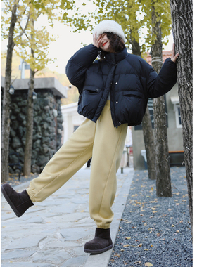 花吉L064灰色加绒系带松紧腰束脚运动裤女2025新款秋冬宽松休闲裤