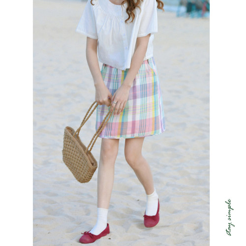 花吉Q457树莓粉格子少女学院风直筒松紧腰半身裙2025新款夏短裙