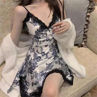 1324爆款 蕾丝纯欲风网红家居服 性感吊带睡裙印花睡衣女真丝薄款