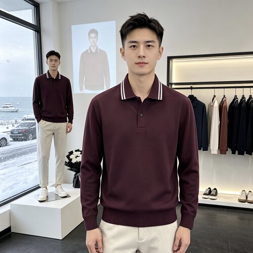1543秋季新款条纹翻领长袖POIO衫男士商务休闲宽松打底衫纯色t恤