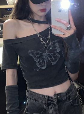 1027别致个性袖套T恤女新款秋纯欲辣妹设计感复古港味修身显瘦