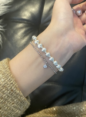 Siaon  猫眼镭射拉丝银珠手链S925通体纯银轻奢弹力绳手串百搭女