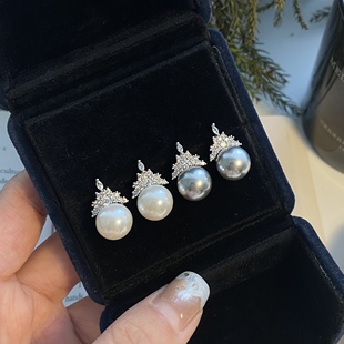 Siaon 冰雪女王施家珍珠镶钻S925纯银针耳环珍珠白真多麻俩色耳钉