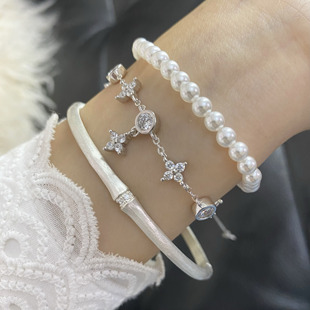 Siaon S925通体纯银星芒拉丝缎带手镯精致高级感素圈百搭镶嵌小钻