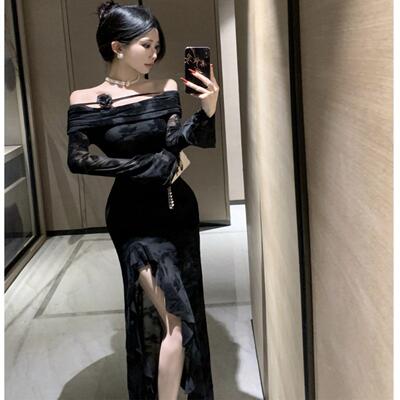 休闲新款气质纯欲风性感御姐一字肩网纱植绒不规则包臀连衣裙女装