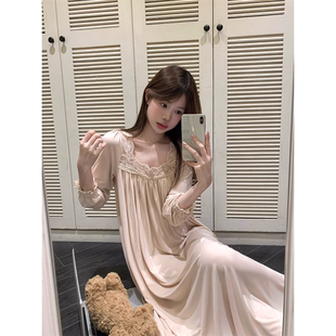 垂感宽松显瘦家居服中长连衣裙 秋季 法式 蕾丝拼接睡裙女装