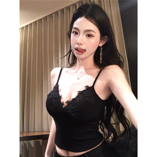 修身 內搭帶胸墊純欲黑色打底上衣 吊帶背心女夏季 花邊拼接v領短款