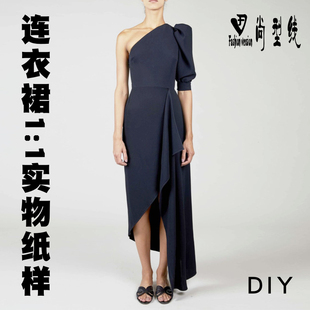 缝纫纸样女装弹力面料长款演出斜肩连衣裙服装结构设计图BLQ-572