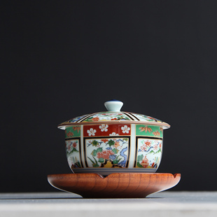 日本进口有田烧古伊万里风瓷盖杯附实木茶托日式茶道具煎茶碗水杯