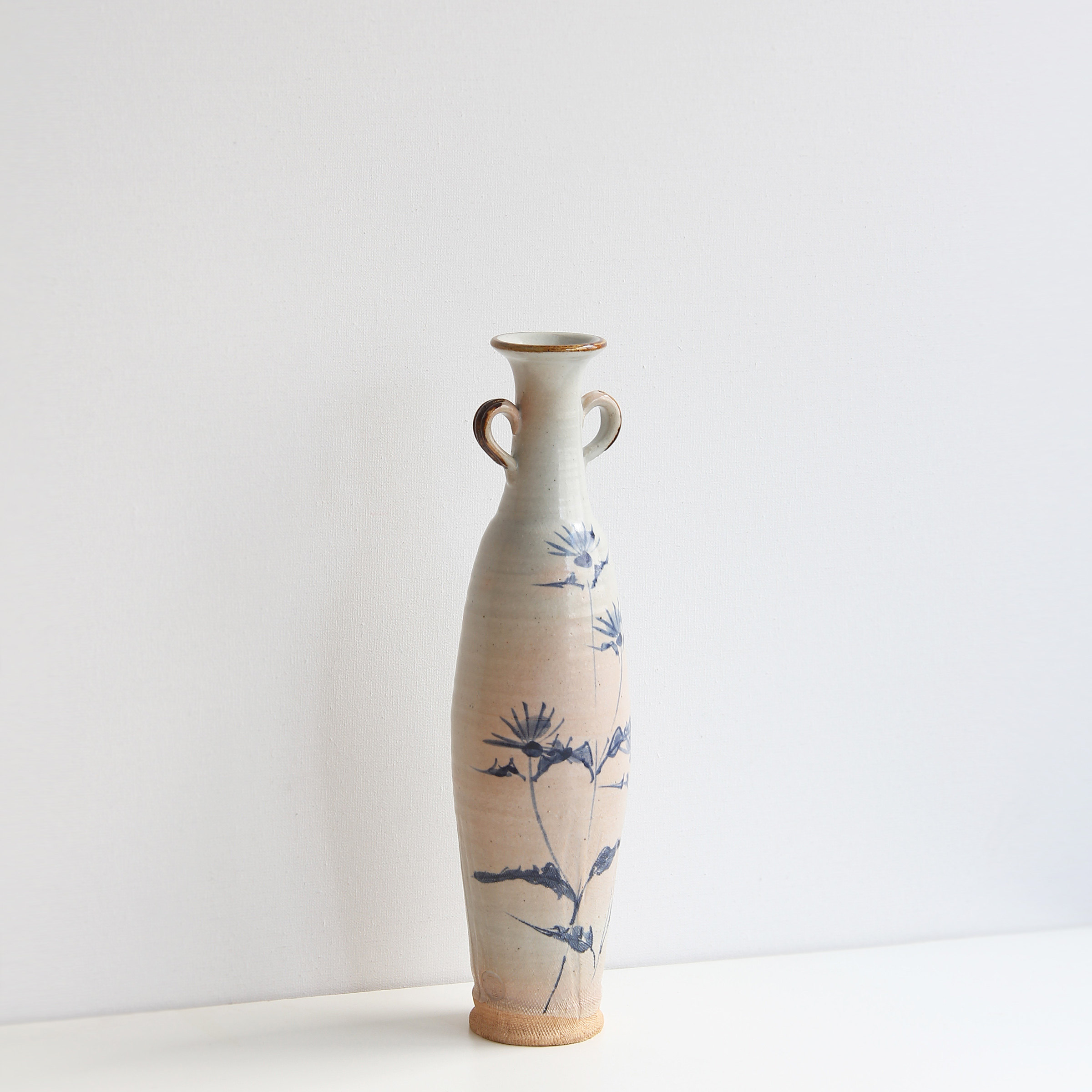 日本进口清水烧作家手工绘草花双耳小口花瓶家居空间装饰花器摆件