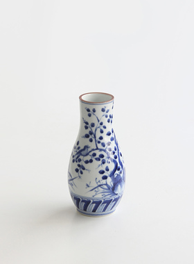 日本清水烧作家手工青花瓷花鸟纹小花瓶茶杓立日式插花器家居摆件