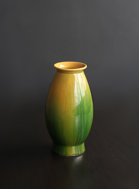 日本清水烧作家手工黄绿渐变裂纹釉陶花瓶插花器日式家居赏器摆件