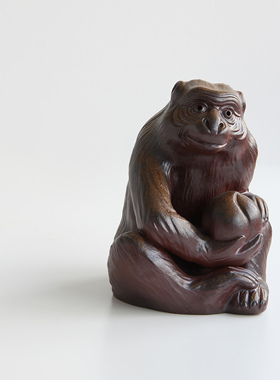 日本备前烧手工柴窑捧桃猴大号雕塑陶摆件日式家居生肖置物木盒装