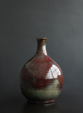 日本陶芸家手作粗陶窑变辰砂釉花瓶日式插花器家居空间装饰摆件