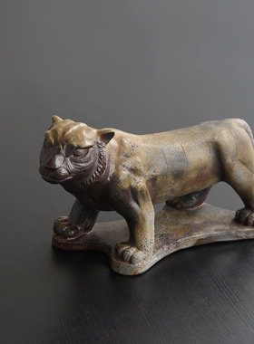 日本备前烧作家手工粗陶生肖虎立体雕塑陈设摆件家居日式装饰置物