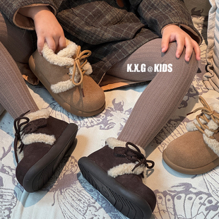 免系鞋带女童鞋子冬季儿童羊羔毛棉鞋加绒真皮毛毛鞋小女孩棉靴