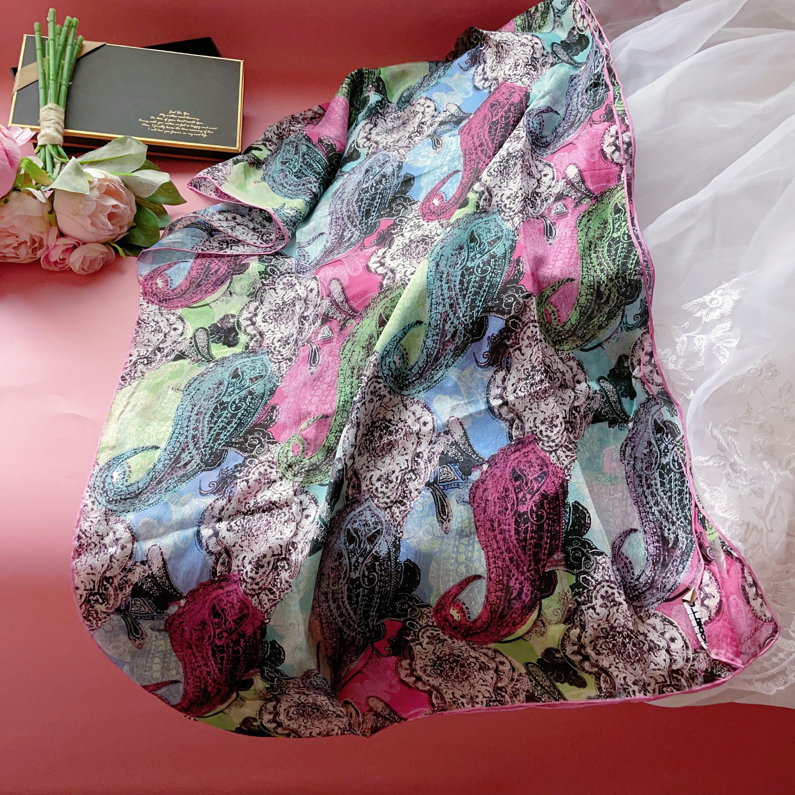 出口原单瑕疵特卖 100%桑蚕丝长巾真丝披肩 抽象欧式 文静配色