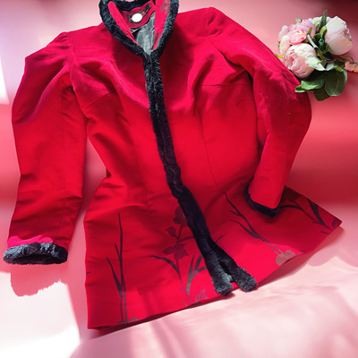 秋冬新中式毛呢上衣长款旗袍式民族风外套新年装喜庆红唐装呢大衣