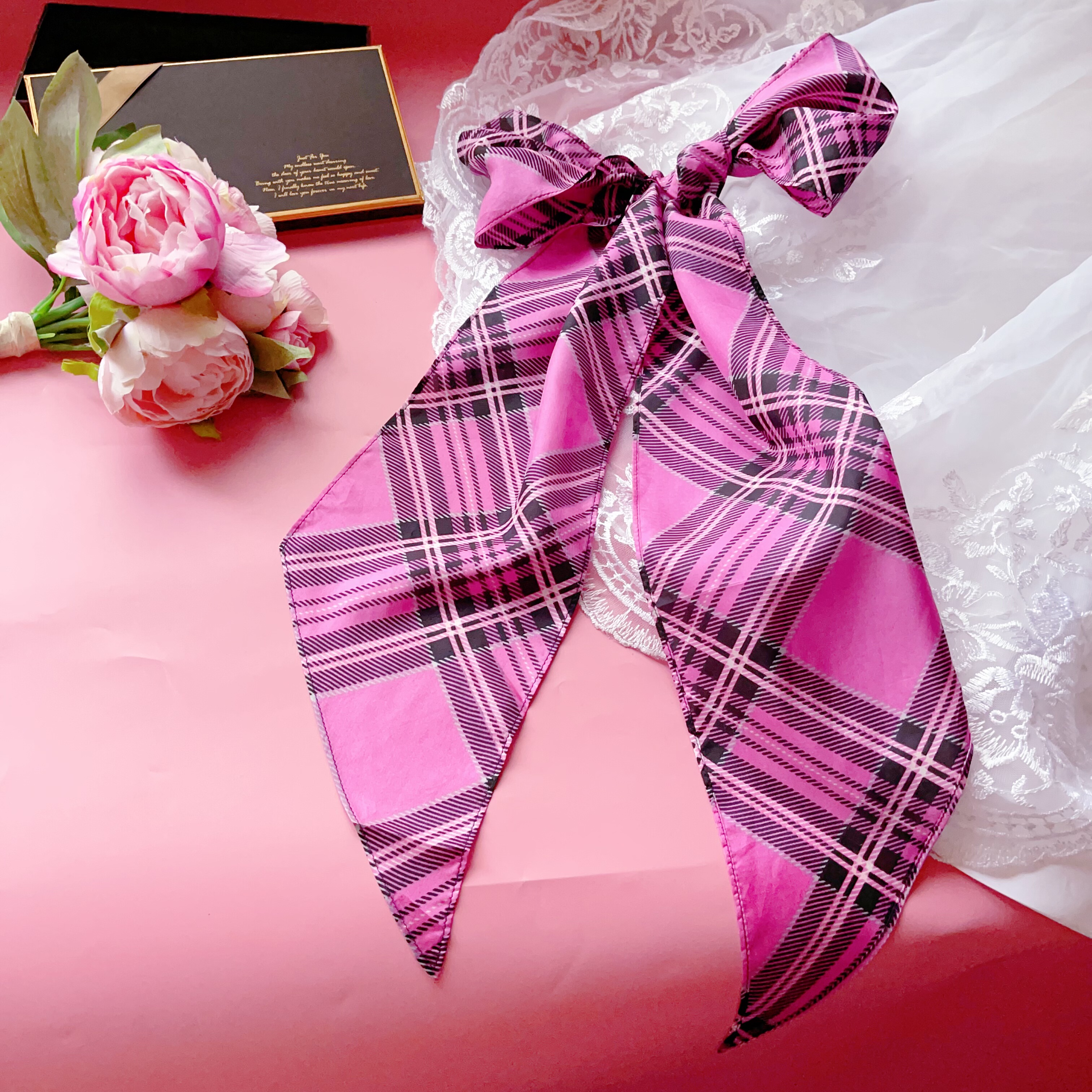 出口原单 100%桑蚕丝丝巾窄巾飘带巾领巾玫瑰粉 格纹真丝围巾四季