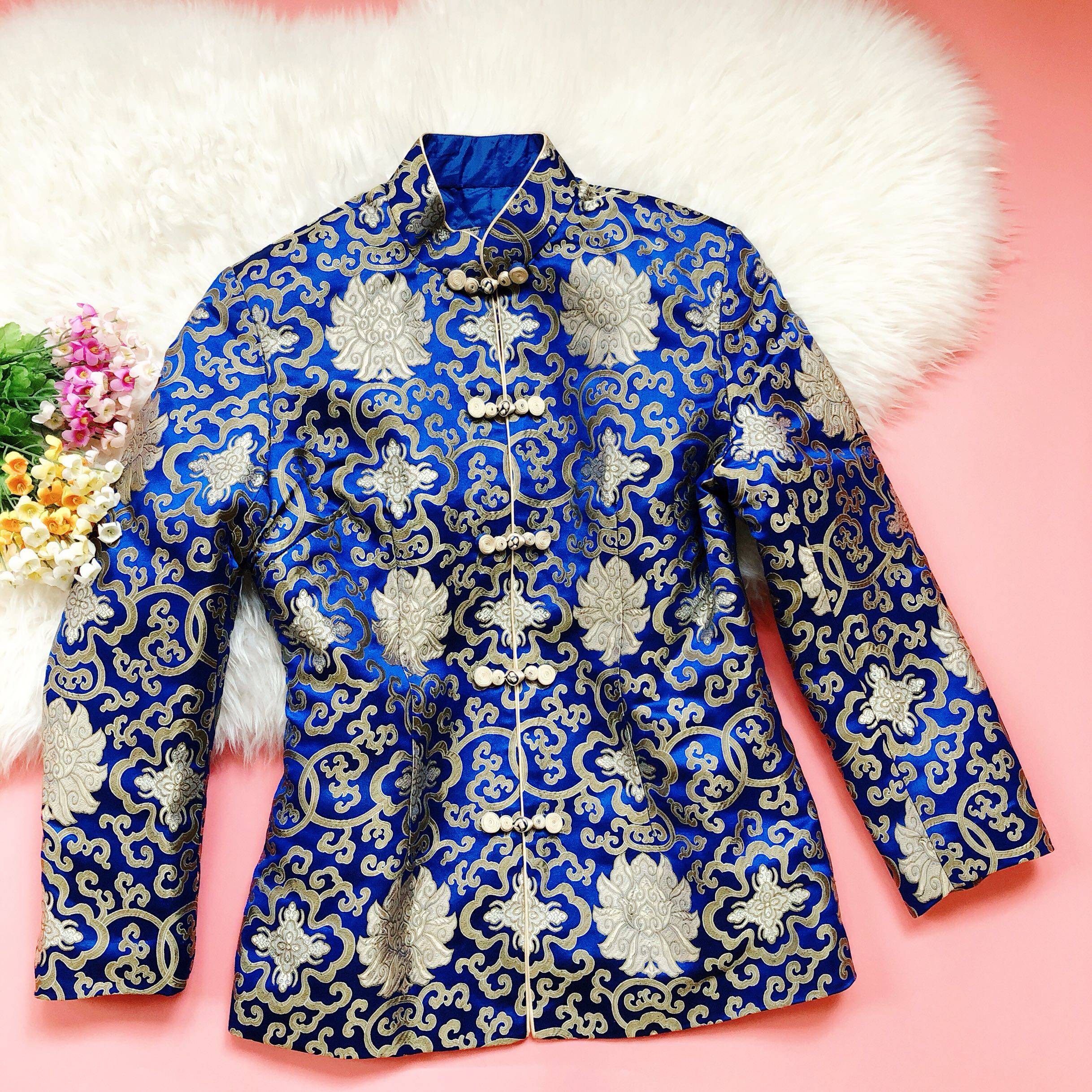 真丝织锦女唐装棉袄 上衣 外套 对花制作 宝石蓝色gao-08