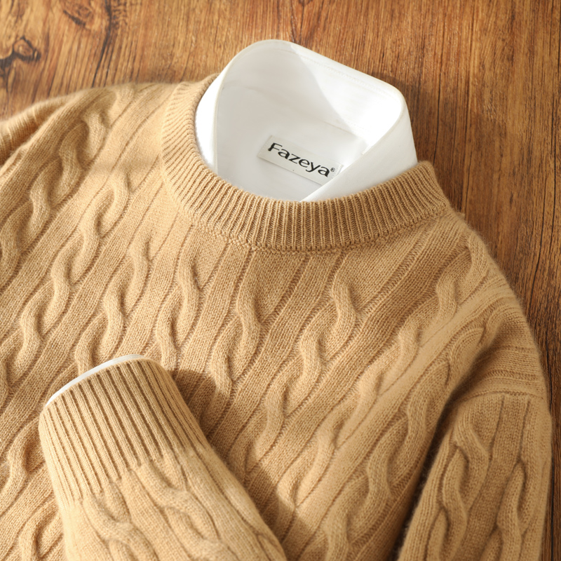 男士纯山羊绒扭花圆领宽松毛衣