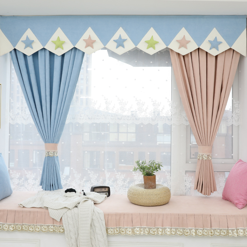 新款欧式高档撞色窗帘儿童房公主房卧室飘窗遮光短帘成品定制纯色