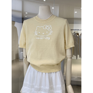 减龄少女感kitty绣花圆领针织短袖上衣2026早春新品洋气百搭T恤衫