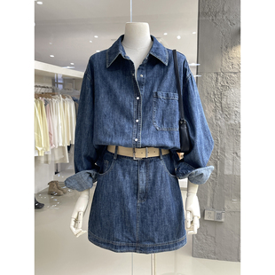 高腰A字半身裙春季 衬衫 穿搭两件套配腰带 港风Polo领牛仔长袖 经典