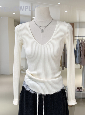 Vocal！修身显身材收腰版型坑条纹理V领针织衫秋冬新款轻熟风上衣