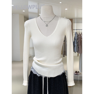 秋冬新款 Vocal 型坑条纹理V领针织衫 显身材收腰版 轻熟风上衣 修身