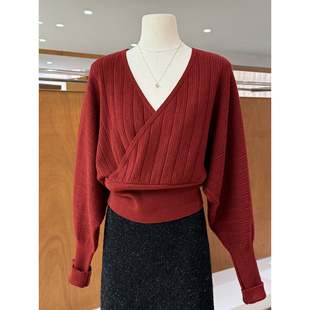 韩版智性风交叠V领收腰显瘦针织衫上衣2026早春新款蝙蝠袖女人衫