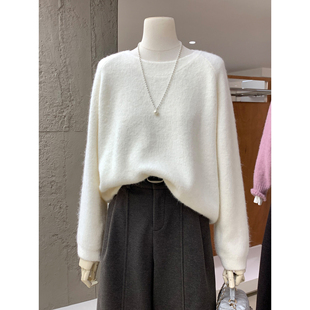 软糯毛茸茸细闪银丝纯色圆领马海毛毛衣秋冬厚实保暖百搭针织上衣