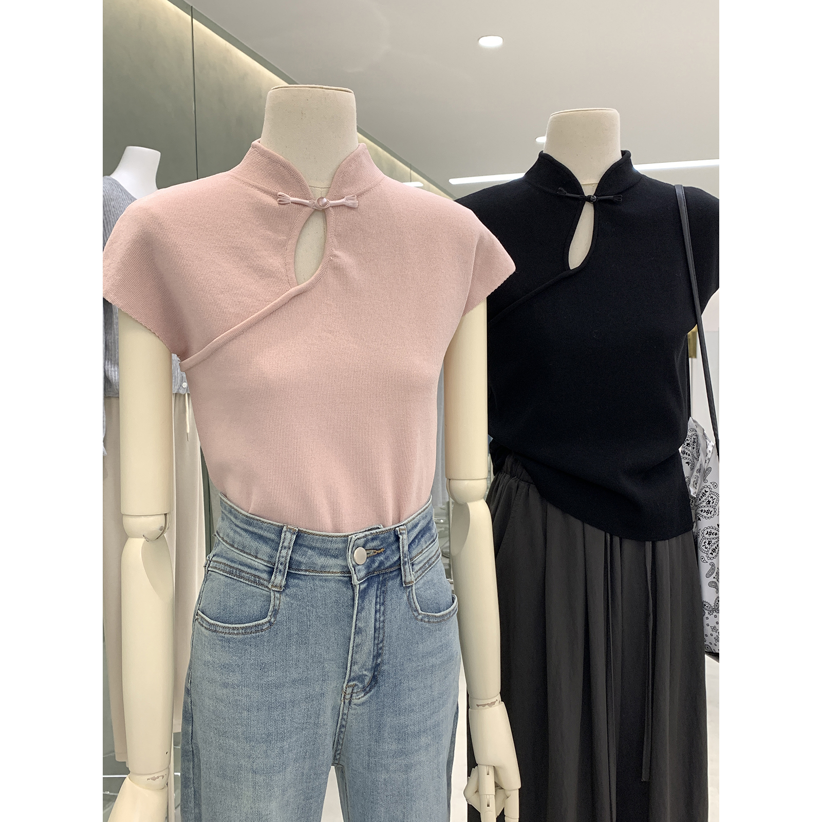 新中式国风立领盘扣短袖针织衫