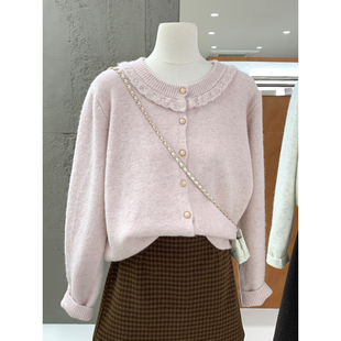 温柔甜美精致钉珠花边圆领毛衣针织开衫 减龄百搭保暖上衣 2025新款