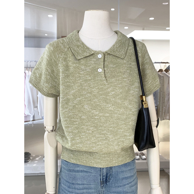 简洁乖巧Polo领针织短袖T恤上衣