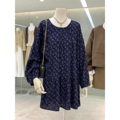 小清新复古田园风碎花长袖衬衫裙