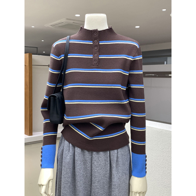 秋冬复古条纹拼色半高领打底毛衫