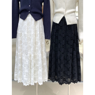 法式甜美风加厚加绒宽松A字伞裙秋冬新款女装绒感蕾丝钩花半身裙