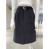 韩版 利落显瘦前开衩中裙配腰带 半身裙新款 通勤风直筒型中长款 西装