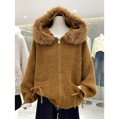 韩系甜美连帽双拉链毛领毛衣开衫