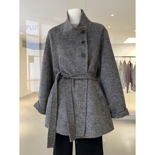 韩系欧尼中长款羊绒大衣2025秋冬高级质感纽扣立领保暖外套配系带