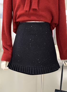 清仓捡漏不TUI不换！木耳边拼接呢子半身裙防走光A字半身裙Q263