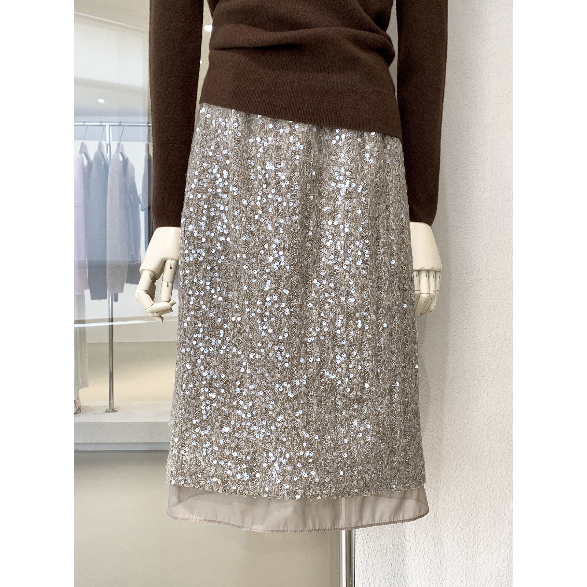 轻奢千金感亮片加绒保暖舒适中裙秋冬新款网纱拼接氛围感半身裙女