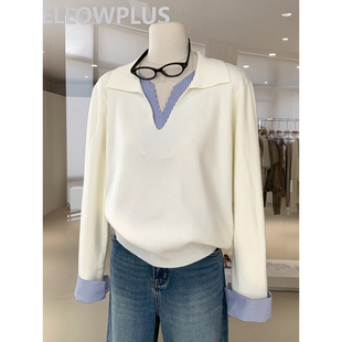 早春知识分子穿搭~条纹拼接小翻V领假两件针织衫显瘦百搭通勤上衣