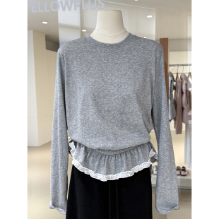 韩系氛围感打底上衣 新款 甜美芭蕾风蕾丝花边抽绳设计圆领长袖 小衫