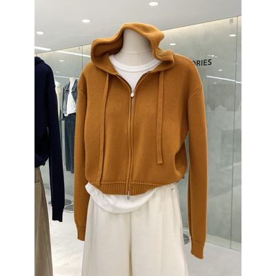 韩系休闲风连帽双拉链针织开衫女