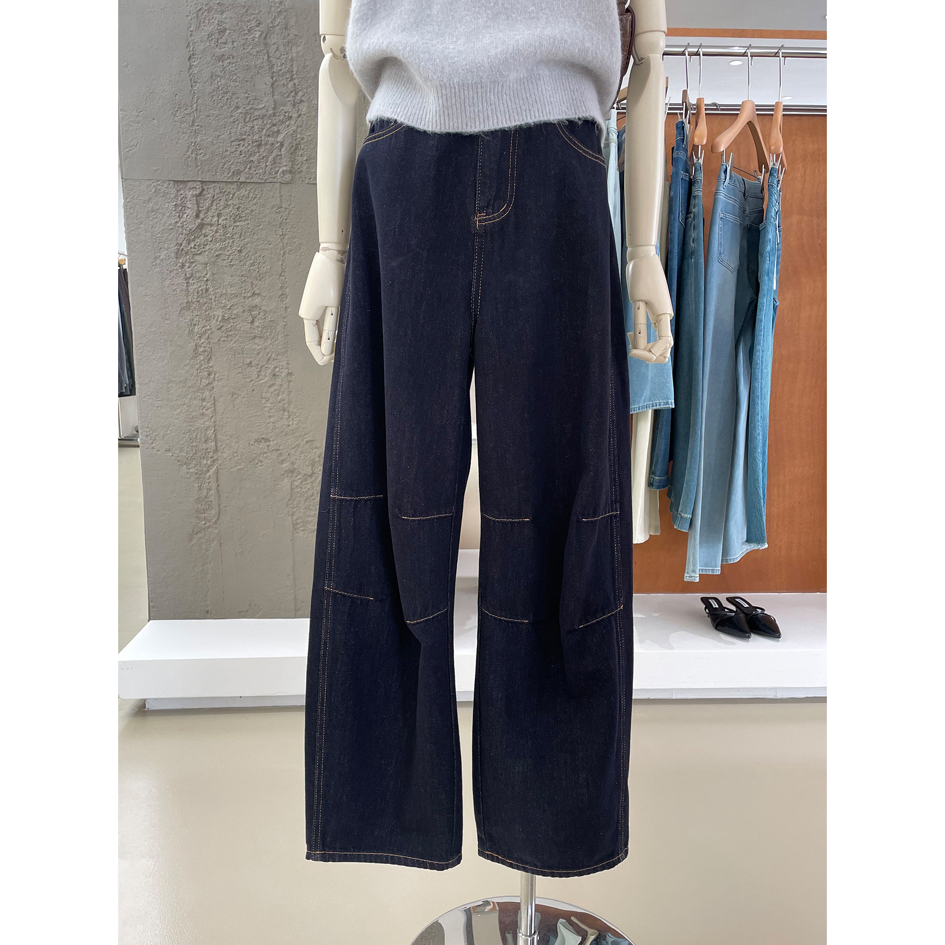 高级感黑金色高腰宽松牛仔弯刀裤