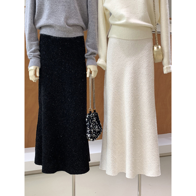 优雅亮片粗花呢开衩鱼尾半身裙