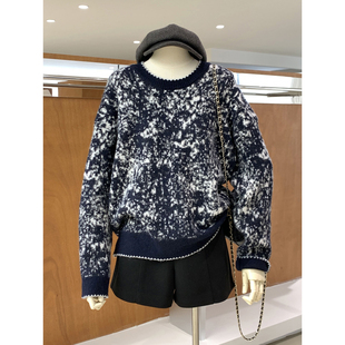 复古文艺水墨晕染圆领毛衣针织衫秋冬氛围感穿搭宽松慵懒风上衣女