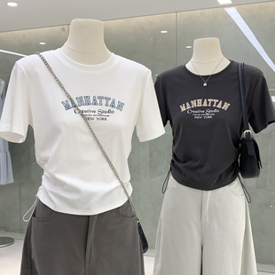 型圆领短袖 新款 韩系休闲风正肩版 上衣夏季 抽绳收腰显瘦短款 T恤衫